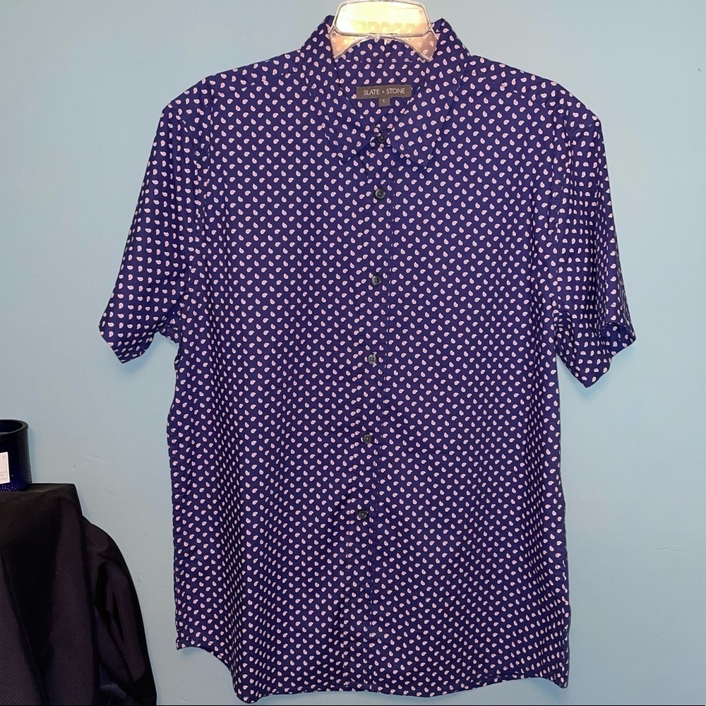 Slate and Stone Paisley Print Button Front Collared Short Sleeve Poplin Large